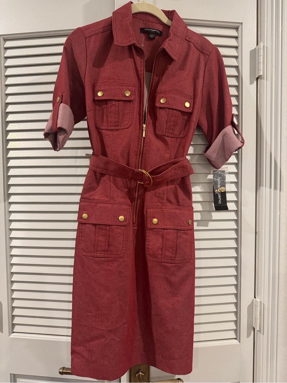 Sharagano Red Utility Shirt Dress with Belt - Picture 2 of 9